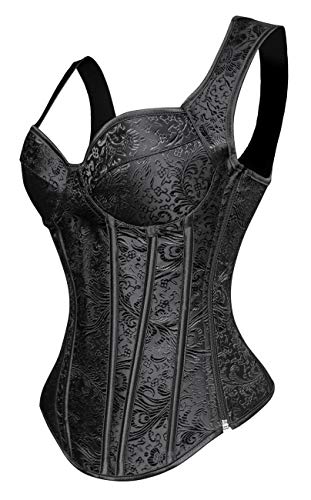 Kimring Women's Gothic Retro Jacquard Peasant Shoulder Straps Boby Shaper Tank Bustiers Overbust Corset with Lightly Cup Black Medium