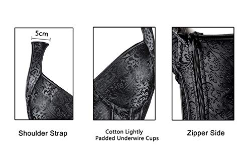 Kimring Women's Gothic Retro Jacquard Peasant Shoulder Straps Boby Shaper Tank Bustiers Overbust Corset with Lightly Cup Black Medium