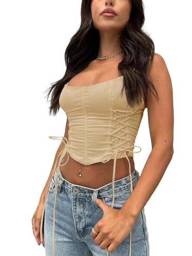 Tankaneo Women Corset Tops Lace Up Boned Bodyshaper Bustier Zip Back Y2K Cropped Going Out Tops