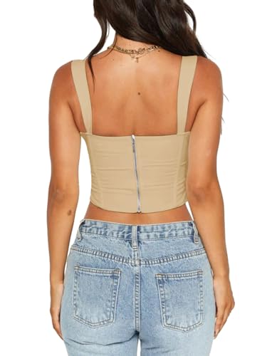 Tankaneo Women Corset Tops Lace Up Boned Bodyshaper Bustier Zip Back Y2K Cropped Going Out Tops
