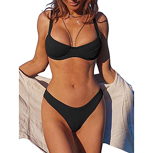 ZAFUL Underwire High Leg Ribbed Bikini Swimsuit Two Pieces Set Black