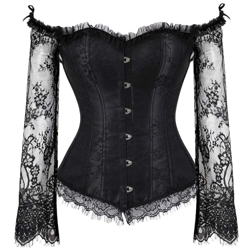 SZIVYSHI Black Corset for Women, Long Sleeve Corsé Shirt, Gothic Tapestry Lace up Boned Overbust Sexy Lingerie Bustier Top, Size S