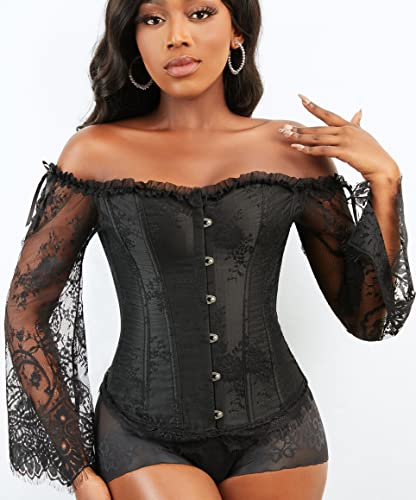 SZIVYSHI Black Corset for Women, Long Sleeve Corsé Shirt, Gothic Tapestry Lace up Boned Overbust Sexy Lingerie Bustier Top, Size S
