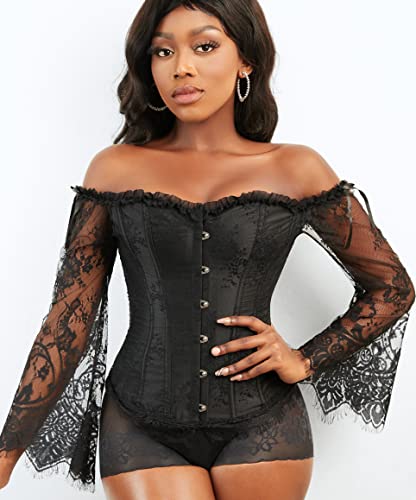 SZIVYSHI Black Corset for Women, Long Sleeve Corsé Shirt, Gothic Tapestry Lace up Boned Overbust Sexy Lingerie Bustier Top, Size S