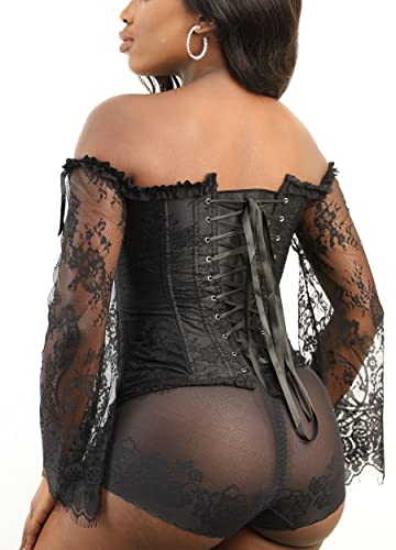 SZIVYSHI Black Corset for Women, Long Sleeve Corsé Shirt, Gothic Tapestry Lace up Boned Overbust Sexy Lingerie Bustier Top, Size S