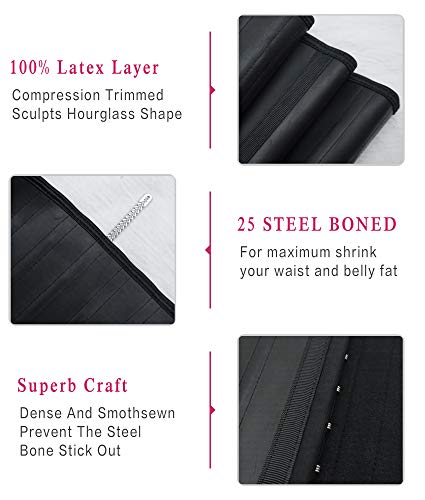 YIANNA Waist Trainer for Women Latex Underbust Waist Corsets Cincher Hourglass Body Shaper 4 Hooks, (Size M, Black)