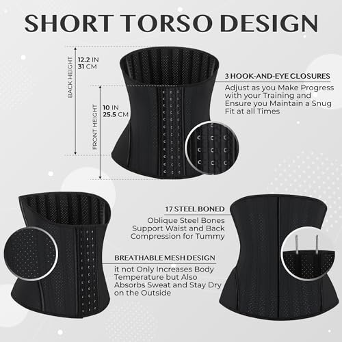 Short Torso Waist Trainer For Women - Black Underbust Corset Top - Waist Cincher Shapewear - Body Shaper (M-Black)