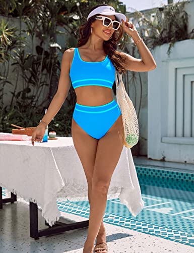 BMJL Women's High Waisted Bikini Sets Sporty Two Piece Swimsuits Color Block Cheeky High Cut Bathing Suits(L,Blue)
