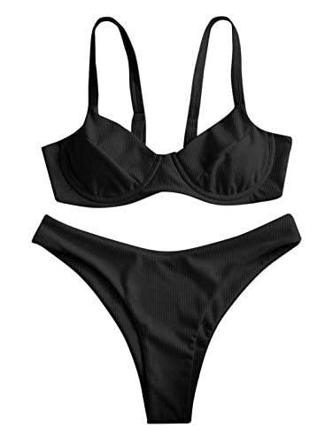 ZAFUL Underwire High Leg Ribbed Bikini Swimsuit Two Pieces Set Black