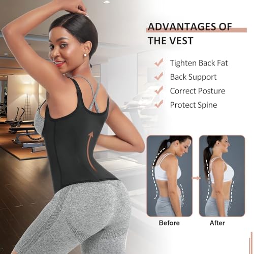 FeelinGirl Waist Trainer for Women Corset Vest Body Shaper Cincher Trimmer Tank Top Sport Girdle with Steel Bones Black