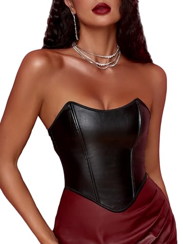SOLY HUX Women's PU Leather Overbust Corset Bandana Tube Tops Lace up Strapless Boned Body Shaper Bustier Solid Black L