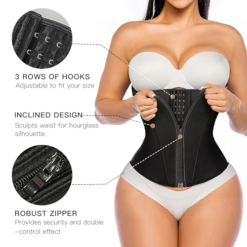 YIANNA Waist Trainer for Women Latex Underbust Tummy Control Waist Cincher Corset Hourglass Body Shaper Zipper and Hooks,YA2231-Black-XL