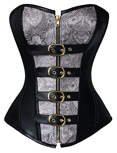 Charmian Women's 12 Spiral Steel Bones Steampunk Vintage Faux Leather Zipper Overbust Corset Zipper-black Large