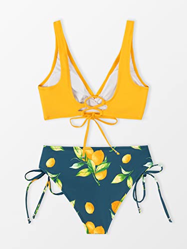 CUPSHE Women's Bikini Swimsuit Floral Print Tie Side Twist Front Two Piece Bathing Suit S Yellow