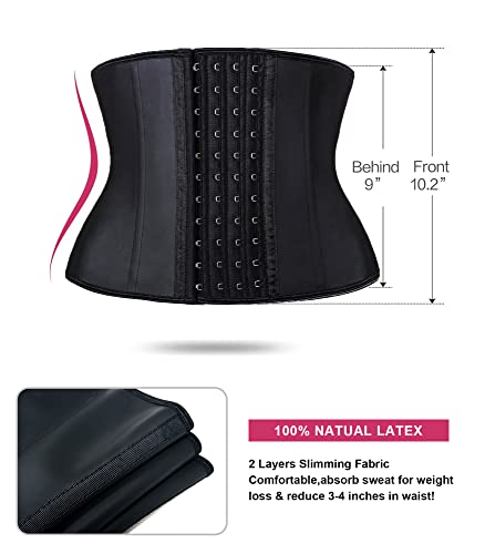 YIANNA Short Torso Waist Trainer for Women Latex Underbust Waist Corsets Cincher Hourglass Body Shaper 4 Hooks, YA110207-Black-XL