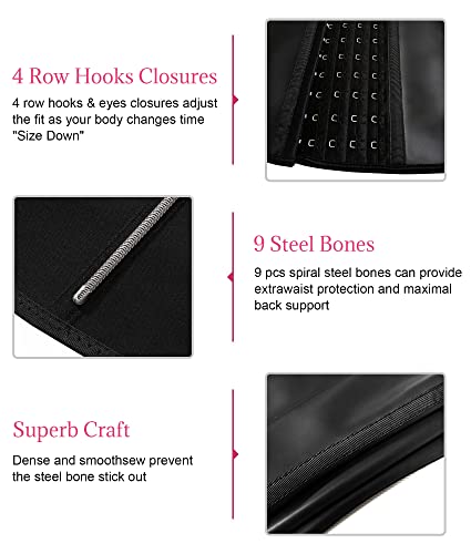 YIANNA Short Torso Waist Trainer for Women Latex Underbust Waist Corsets Cincher Hourglass Body Shaper 4 Hooks, YA110207-Black-XL