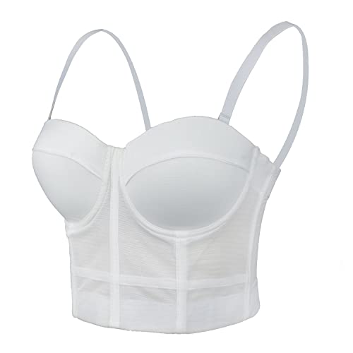 ELLACCI Women's Mesh Bustier Crop Top Push Up Corset Top Bralet White Small