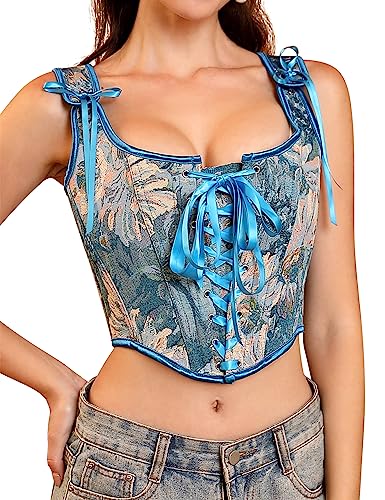 KOJOOIN Women's Vintage Floral Corset Lace-Up Fishbone Print Vest Renaissance Pirate Costume Blue Cosmos L
