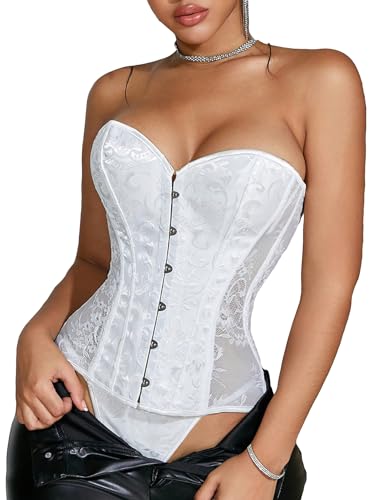 SOLY HUX Women's Lace up Strapless Overbust Corset Bustier Top Lingerie Push up Bodyshaper with Thongs 2 Piece Pure White Medium