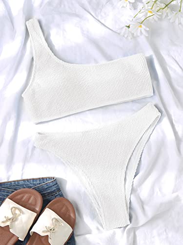 YIMISAN Women's Ribbed Bikini Sets One Shoulder Top with Mid Waist Two Piece Bathing Suit White