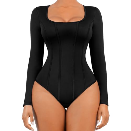 FeelinGirl Tummy Control Bodysuit for Women Black Corset Top Slimming Body Suit Plus Size Long Sleeve Thong Bodysuits