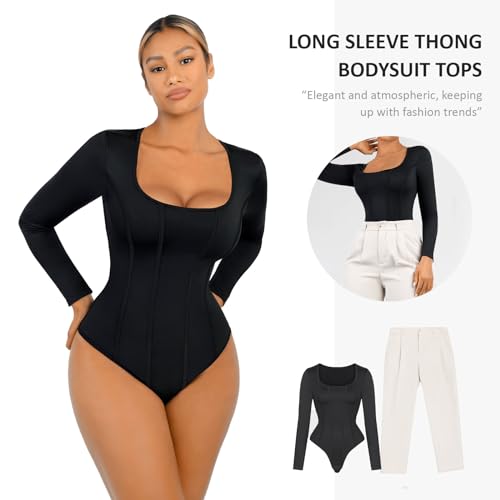FeelinGirl Tummy Control Bodysuit for Women Black Corset Top Slimming Body Suit Plus Size Long Sleeve Thong Bodysuits