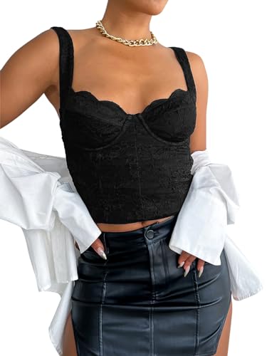 REORIA Women's Summer Fashion Sexy Square Neck Sleeveless Cute Trendy Going Out Lace Bustier Crop Tank Tops Black Medium