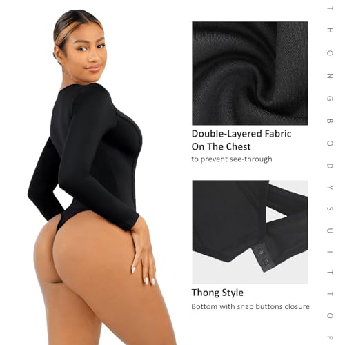 FeelinGirl Tummy Control Bodysuit for Women Black Corset Top Slimming Body Suit Plus Size Long Sleeve Thong Bodysuits