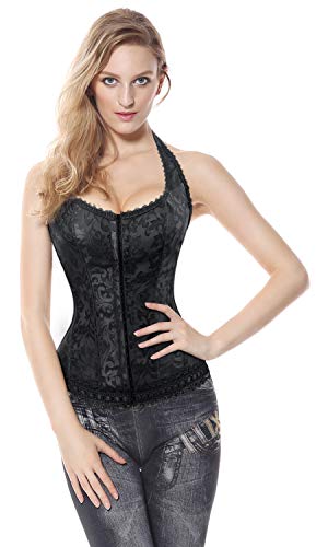 Kimring Women's Fashion Elegant Floral Embroidery Halter Satin Lace Up Corset Black Small