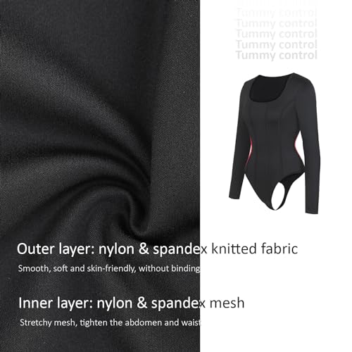FeelinGirl Tummy Control Bodysuit for Women Black Corset Top Slimming Body Suit Plus Size Long Sleeve Thong Bodysuits