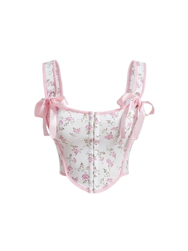 Milumia Women's Ditsy Floral Corset Top Knot Front Square Neck Curved Hem Cami Tank Tops Pink and White Large