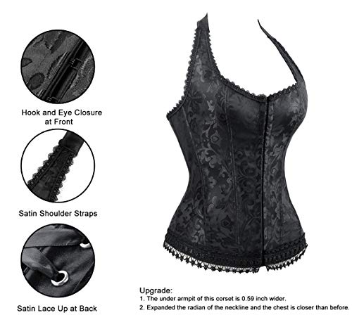 Kimring Women's Fashion Elegant Floral Embroidery Halter Satin Lace Up Corset Black Small
