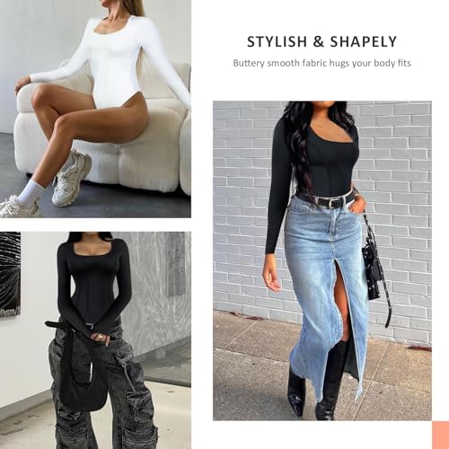 FeelinGirl Tummy Control Bodysuit for Women Black Corset Top Slimming Body Suit Plus Size Long Sleeve Thong Bodysuits