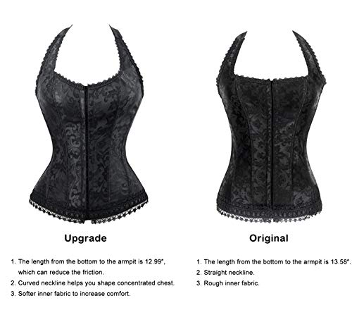 Kimring Women's Fashion Elegant Floral Embroidery Halter Satin Lace Up Corset Black Small