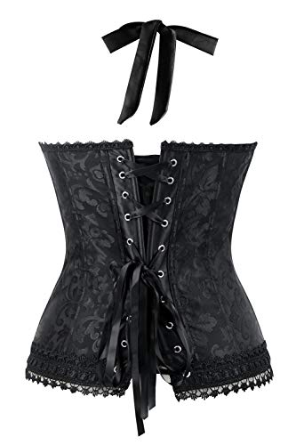 Kimring Women's Fashion Elegant Floral Embroidery Halter Satin Lace Up Corset Black Small