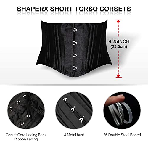 SHAPERX Women's 26 Steel Boned Corset Short Torso Heavy Duty Waist Trainer Corset for Weight Loss, SZ1934-Black-S