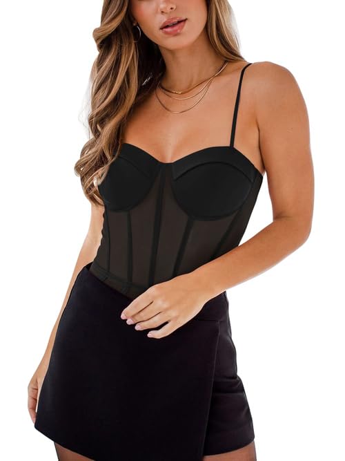 REORIA Women's Summer Sexy Mesh Sheer Spaghetti Strap Backless Going out Slimming Bustier Corset Leotards Tummy Control Bodysuit Tank Top With Built In Bra (Black X-Large)
