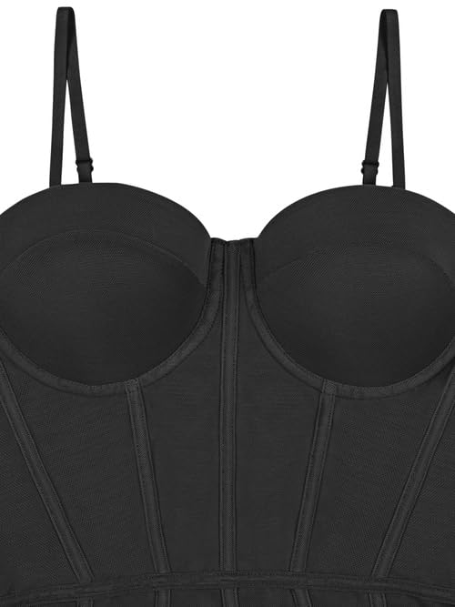 REORIA Women's Summer Sexy Mesh Sheer Spaghetti Strap Backless Going out Slimming Bustier Corset Leotards Tummy Control Bodysuit Tank Top With Built In Bra (Black X-Large)