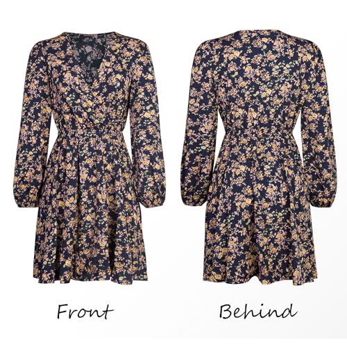 CUPSHE Women's V Neck Ditsy Floral Mini Dress Long Sleeve A Line Dress Surplice Short Dress Multicoloured