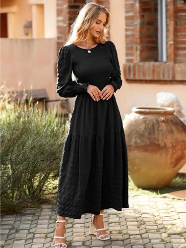 PRETTYGARDEN Women 2024 Puff Long Sleeve Crewneck Smocked Maxi Dress Solid Empire Waist Tiered A-line Swing Flowy Long Dress(Black,X-Large)