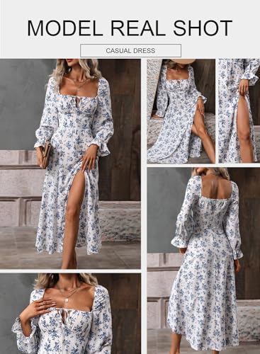 BLENCOT Casual Women's Square Neck Long Sleeve Split Thigh Dress Boho Floral Print A-line Tie Front Midi Dresses White S