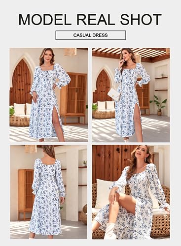 BLENCOT Casual Women's Square Neck Long Sleeve Split Thigh Dress Boho Floral Print A-line Tie Front Midi Dresses White S