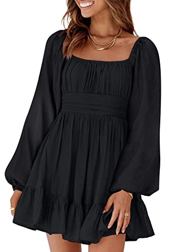 Dokotoo Women's Off The Shoulder Dress Square Neck Tie Back Long Lantern Sleeve Ruffle A-Line Dress Shirred Elastic Waist Mini Dress Black XX-Large