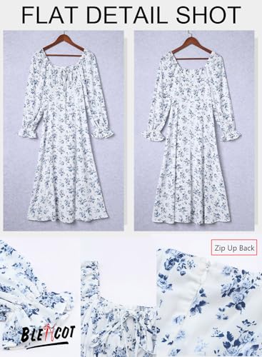 BLENCOT Casual Women's Square Neck Long Sleeve Split Thigh Dress Boho Floral Print A-line Tie Front Midi Dresses White S