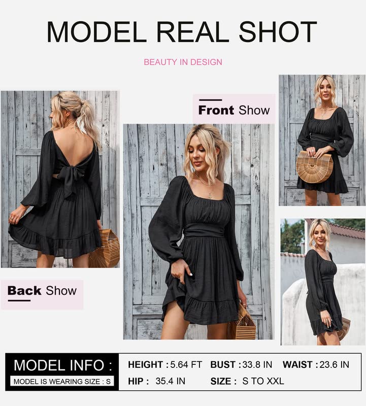 Dokotoo Women's Off The Shoulder Dress Square Neck Tie Back Long Lantern Sleeve Ruffle A-Line Dress Shirred Elastic Waist Mini Dress Black XX-Large