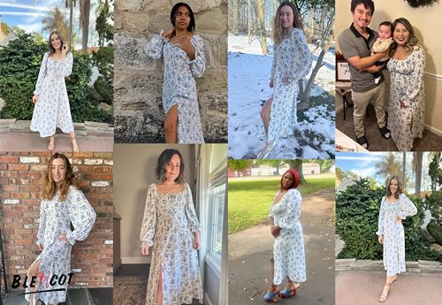 BLENCOT Casual Women's Square Neck Long Sleeve Split Thigh Dress Boho Floral Print A-line Tie Front Midi Dresses White S