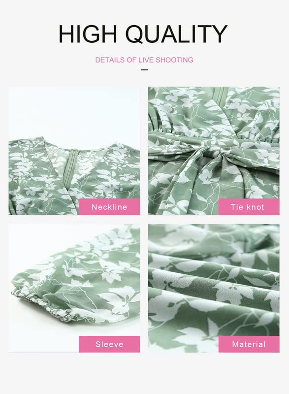 Dokotoo Womens Ladies Casual Summer Birthday Spring Ruffle Elegant Floral Long Sleeve Tie Knot V Neck Cute Chiffon Boho Beach Tunic Swing A Line Mini Short Skater Dresses for Women 2024 Green Large