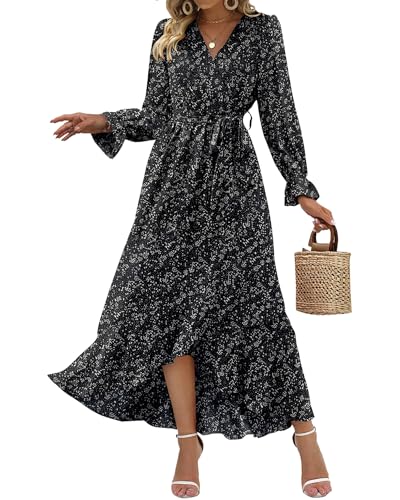 BTFBM Womens Casual Long Sleeve Dresses Spring Summer Clothes Wrap V Neck Boho Floral High Waist Ruffle Long Flowy Dress(Floral Black, Small)