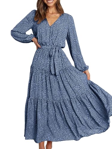 PRETTYGARDEN Womens Long Sleeve Floral Wrap V Neck Ruffle Tiered Maxi Dress Casual Tie Waist Boho Chiffon Flowy Long Dress(Blue,Large)