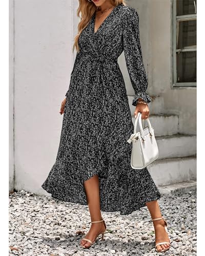 BTFBM Womens Casual Long Sleeve Dresses Spring Summer Clothes Wrap V Neck Boho Floral High Waist Ruffle Long Flowy Dress(Floral Black, Small)